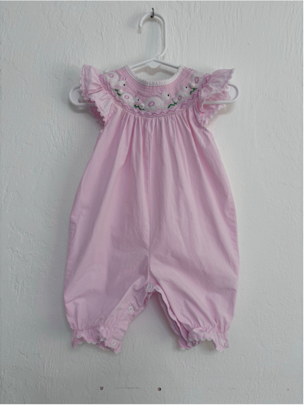 Baby Girl Lil Cactus Smocked Bunny Romper Pink White 3-6 Months Cotton